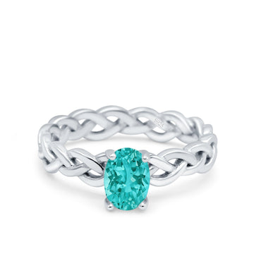 Celtic Weave Braided Style Oval Wedding Ring Simulated Paraiba Tourmaline CZ 925 Sterling Silver